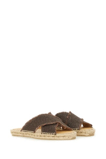 Castañer women’s sandal Palmera brown with brown frayed fabric and woven espadrille sole visible from the back side
