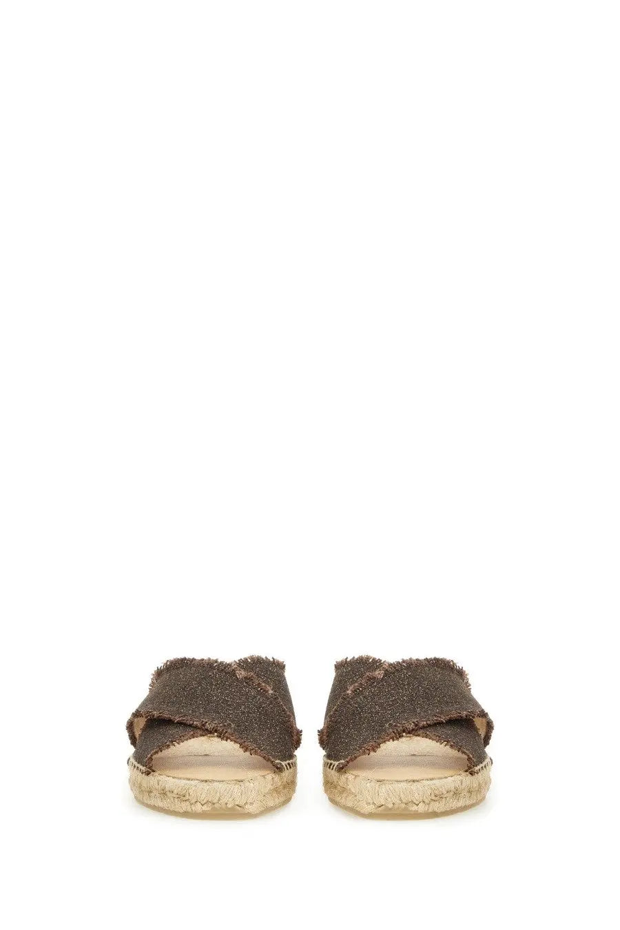 Brown glittery denim espadrille sandals with woven jute sole by castañer women sandal palmera brown