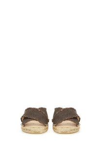 Brown glittery denim espadrille sandals with woven jute sole by castañer women sandal palmera brown