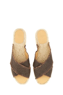 Castañer women’s sandal palmera brown glittery fabric espadrille wedge with frayed edge and woven jute sole