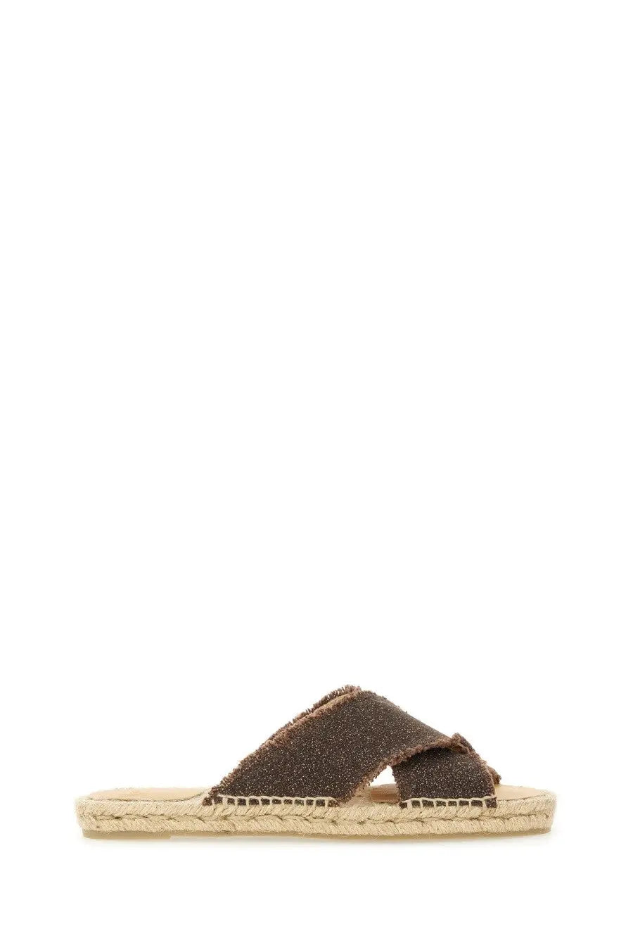 Castañer women’s sandal palmera brown brown glittery suede slide sandal with woven espadrille sole