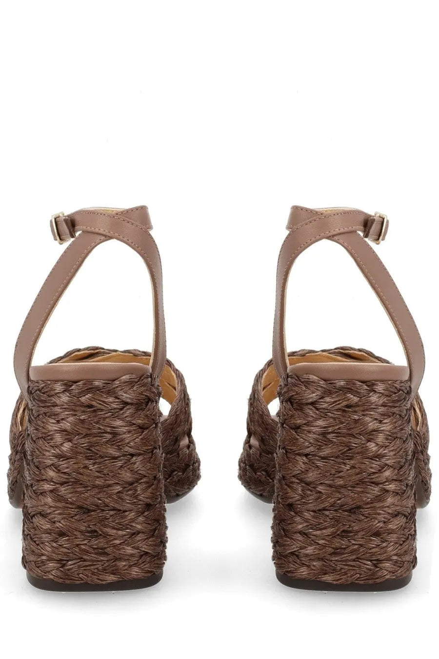 Brown woven espadrille sandals with braided rope heel and tan leather ankle straps castañer women’s valeriette brown