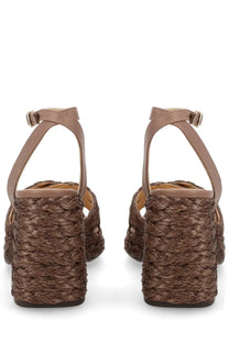 Brown woven espadrille sandals with braided rope heel and tan leather ankle straps castañer women’s valeriette brown