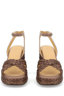Castañer women’s brown woven espadrille wedge sandals with braided texture and ankle straps