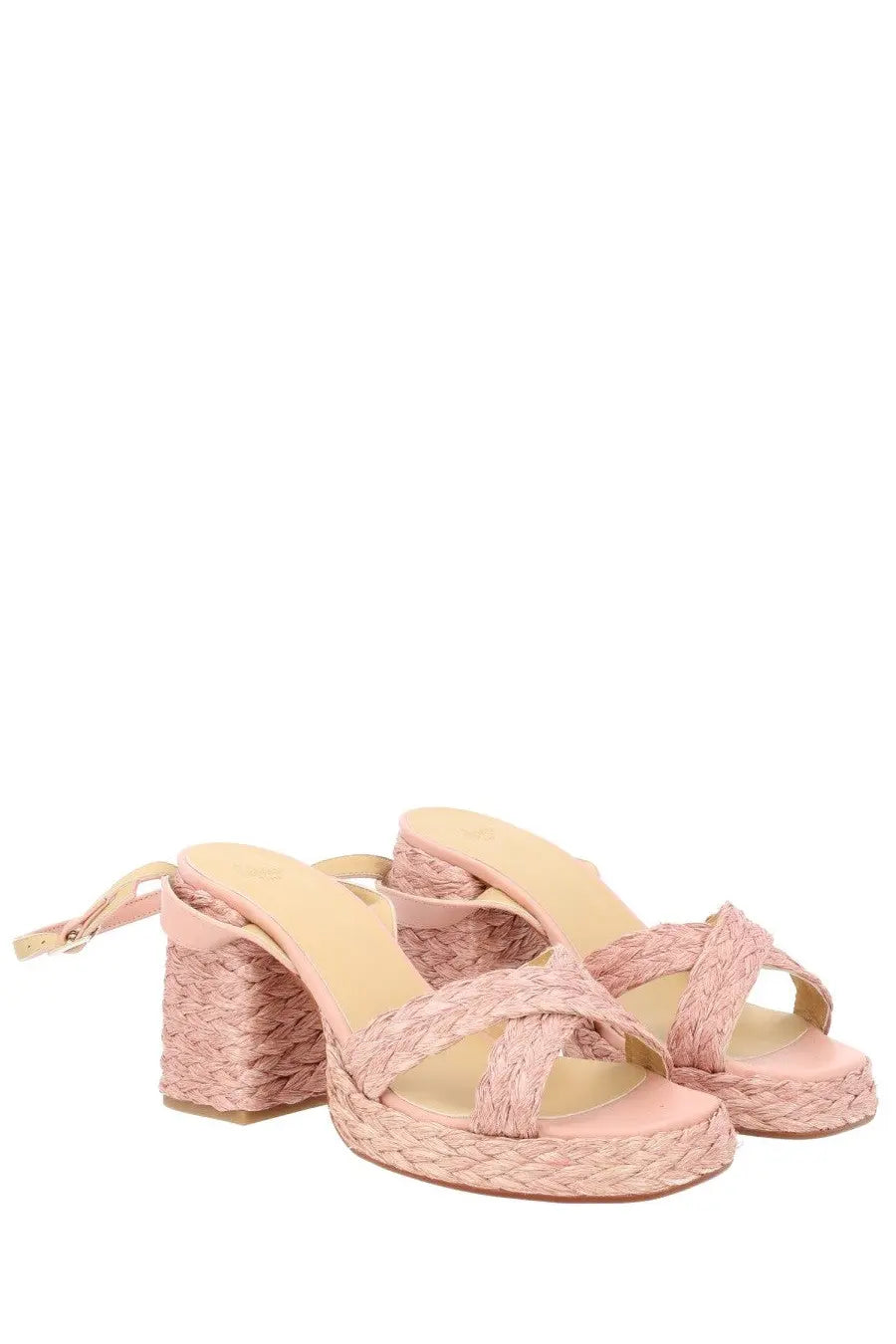 Castañer women’s pink woven espadrille sandals with chunky heel and crisscross straps