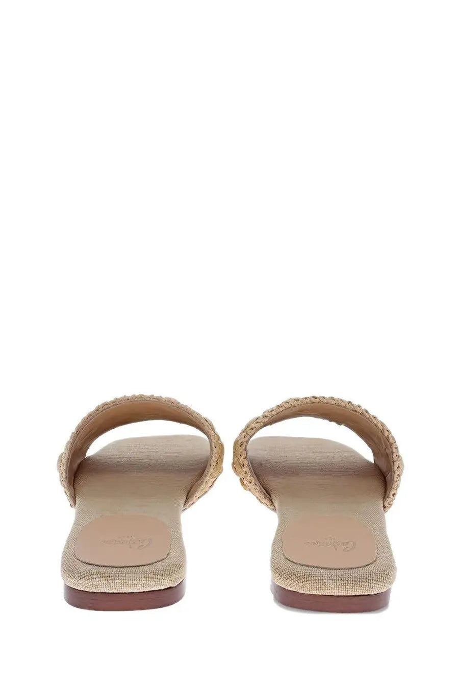 Castañer women’s sandalo slip on Pisa beige slide sandals with beige woven straps and textured fabric sole with brown heel