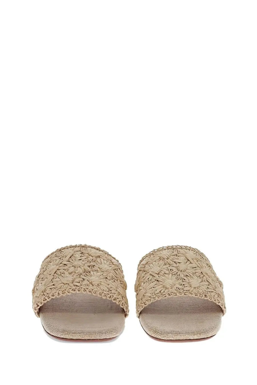 Castañer women’s beige woven straw slide sandals with floral pattern and flat sole for casual wear
