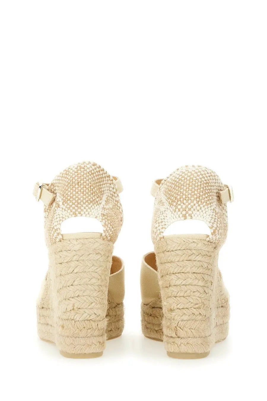 Castañer women’s sandalwood white beige woven espadrille wedge sandals with braided upper and rope heel