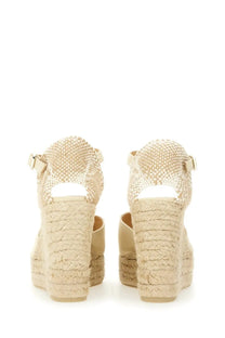 Castañer women’s sandalwood white beige woven espadrille wedge sandals with braided upper and rope heel