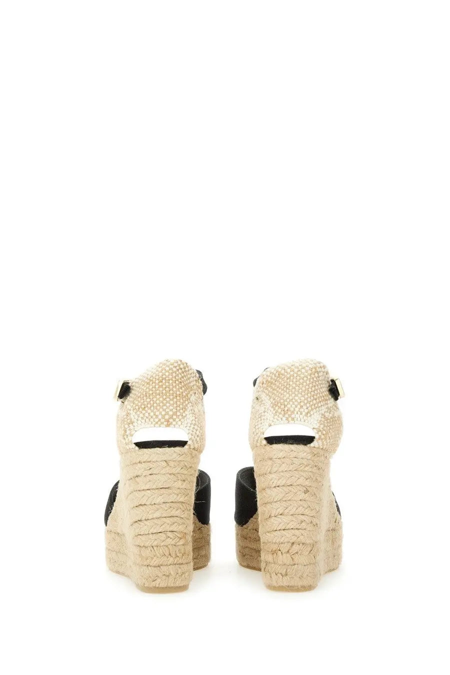 Beige espadrille wedge sandals with black accents and woven rope heels from castañer women’s sandalwood white black collection