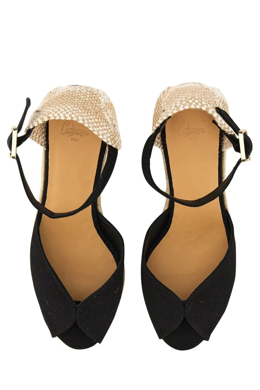 Black peep-toe espadrille wedge sandals with woven beige and tan upper black ankle straps and gold buckles by castañer