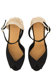 Black peep-toe espadrille wedge sandals with woven beige and tan upper black ankle straps and gold buckles by castañer