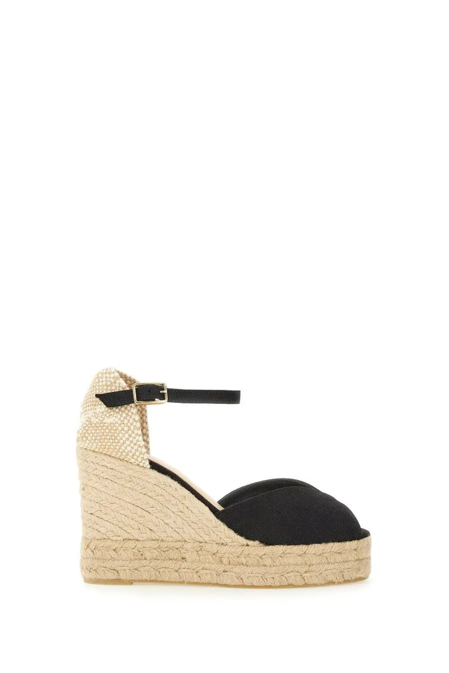 Castañer women’s sandalwood black suede espadrille wedge sandal with woven jute heel and ankle strap