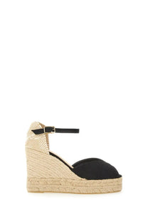 Castañer women’s sandalwood black suede espadrille wedge sandal with woven jute heel and ankle strap