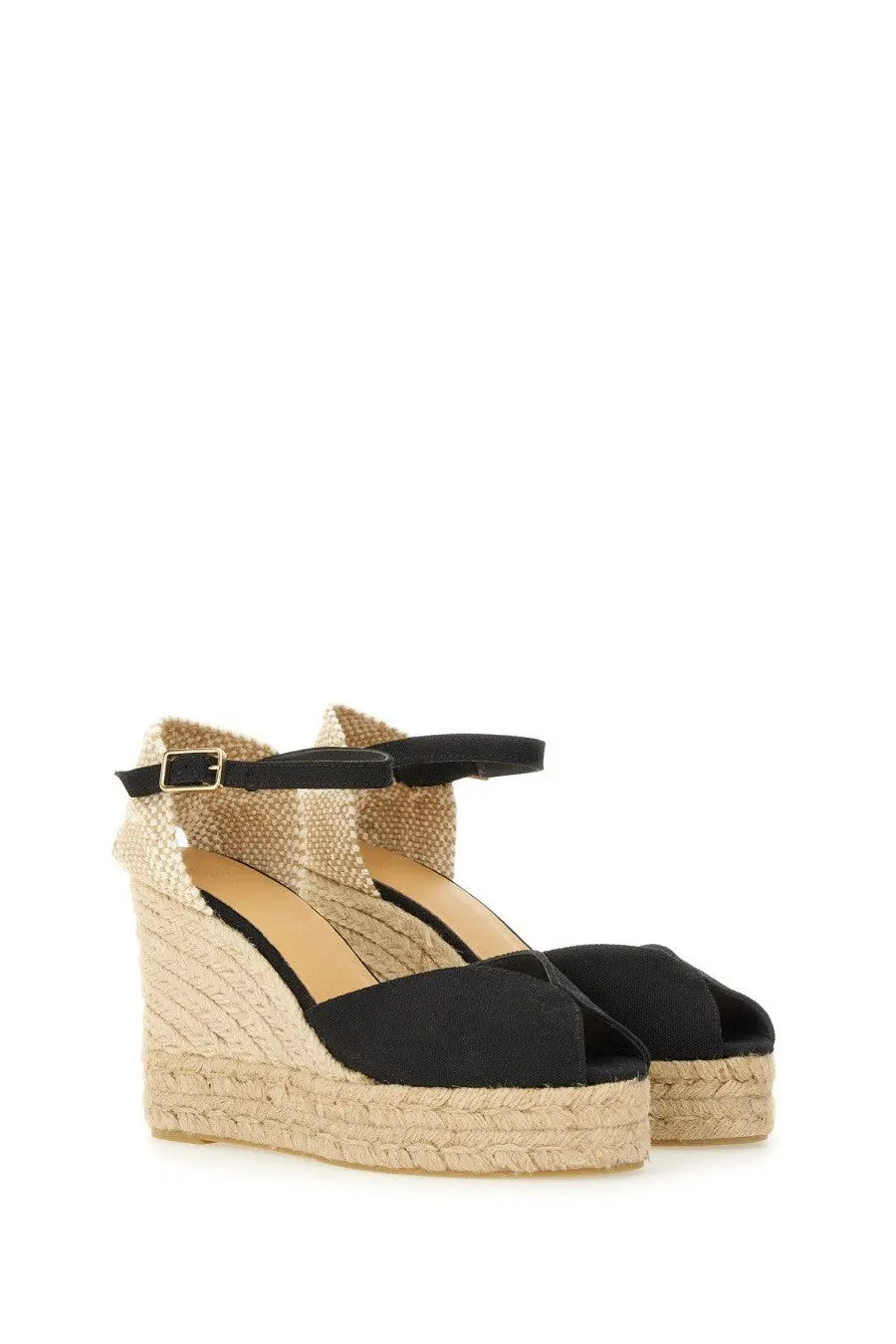 Castañer women’s sandalwood white black espadrille wedge sandals in black suede with woven jute heel and ankle strap