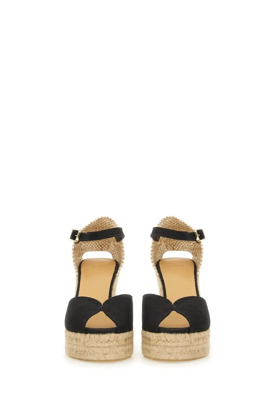 Black suede espadrille wedge sandals with woven jute platform and ankle strap by Castañer women’s sandalwood white black