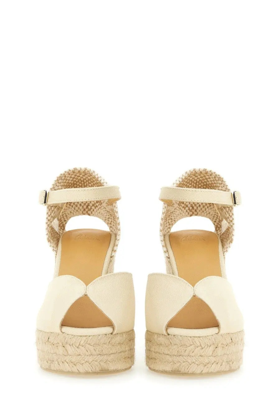 Cream-colored castañer women’s sandalwood espadrille wedge sandals with woven jute platform and ankle strap