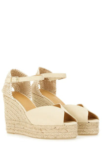 Castañer women’s sandalwood white cream espadrille wedge sandals with woven jute platform and ankle strap