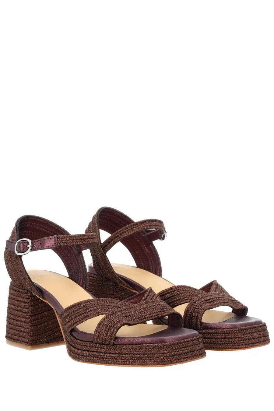 Castañer women’s vallita brown espadrille sandals with chunky heel woven jute and ankle strap front view