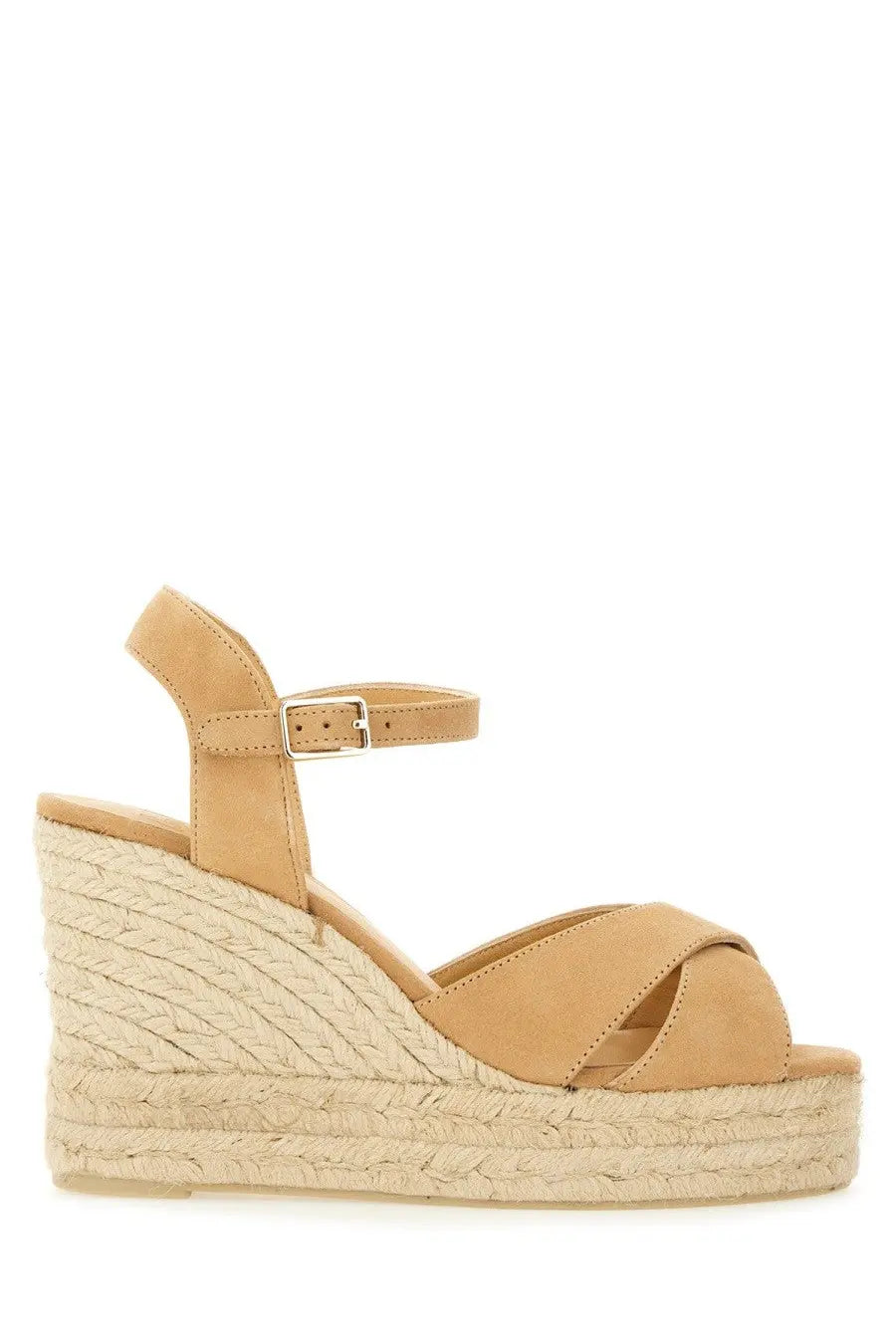 Castañer women’s tan suede espadrille wedge sandal with braided jute heel and ankle strap in beige