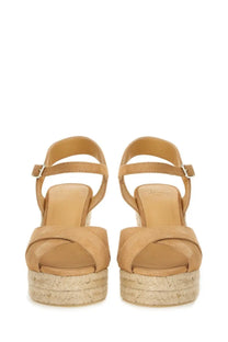 Castañer women’s wedge sandal Blaudell beige tan suede espadrille with woven jute sole and adjustable ankle strap