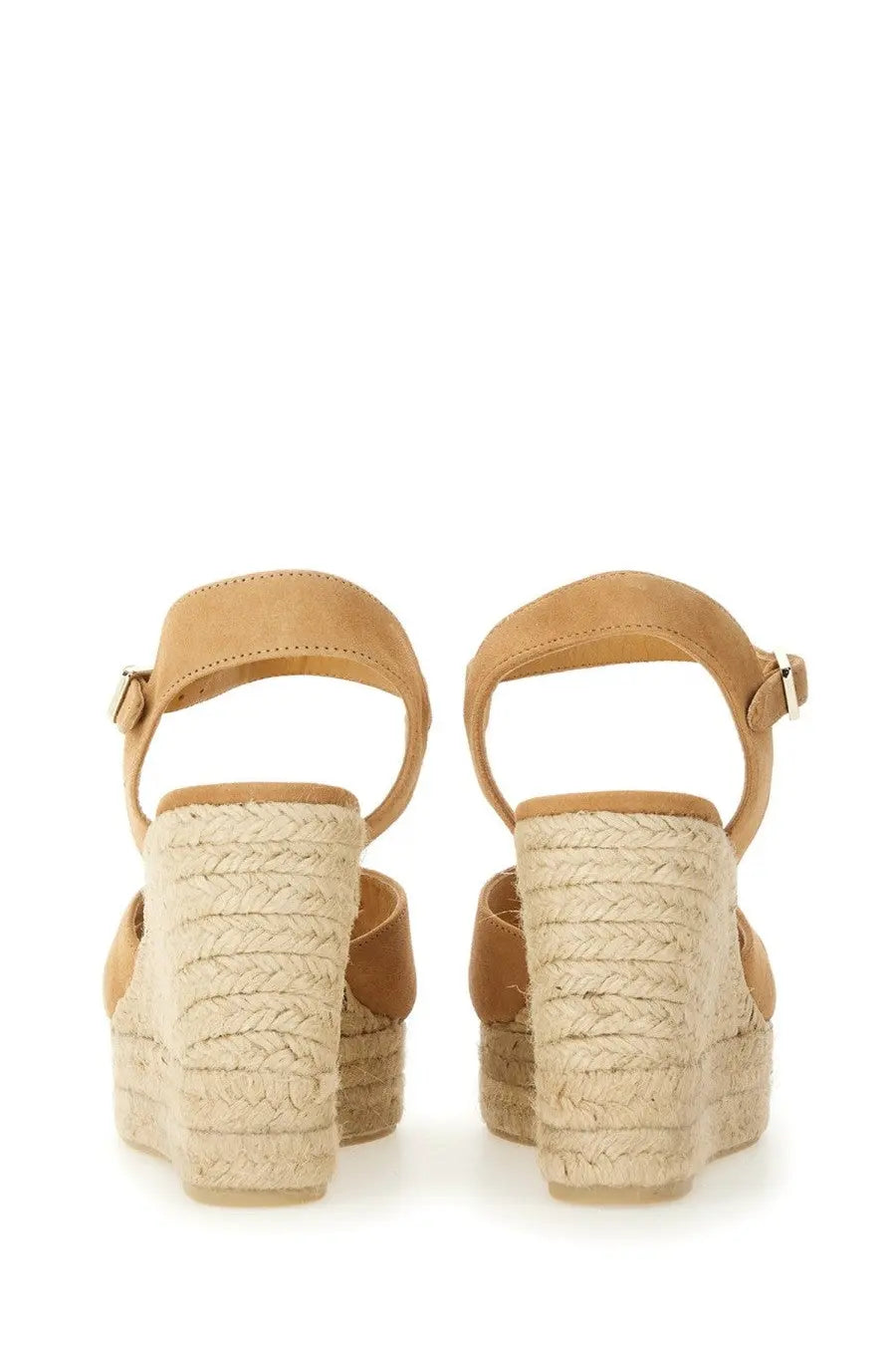 Tan suede espadrille wedge sandal with braided jute heel and ankle strap by castañer womens blaudell beige