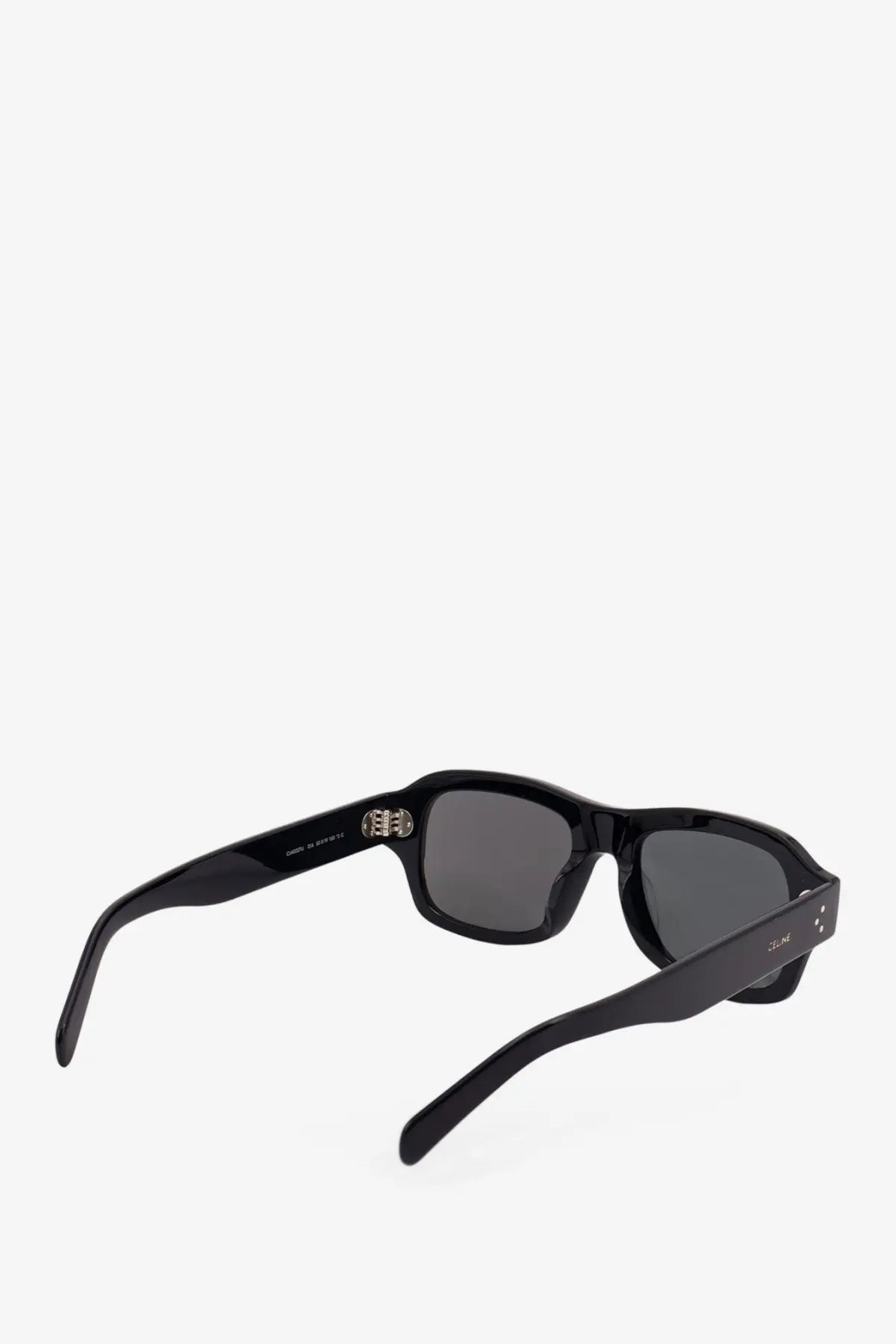 Celine men’s acetate sunglasses in black with black rectangular frames and dark gray glossy lenses