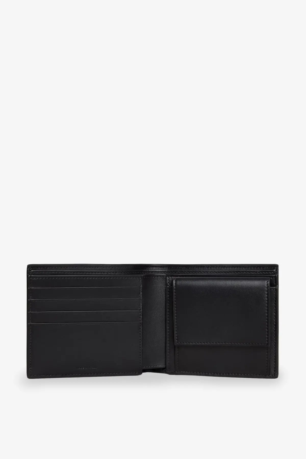 Celine men’s bi fold leather wallet black with multiple card slots and a single pocket on the right side