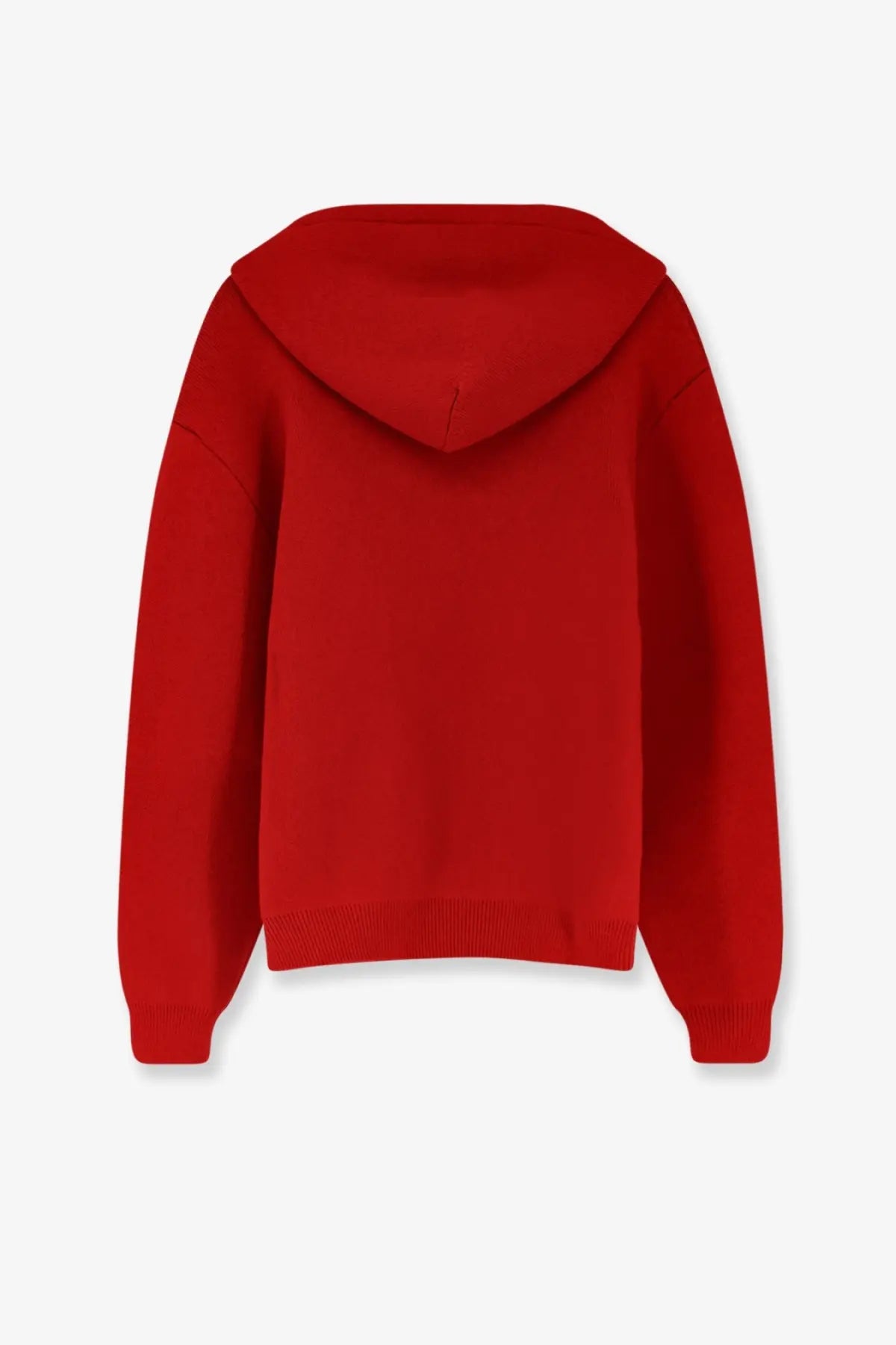 A vibrant red long sleeved hooded sweatshirt with ribbed cuffs and hem in cashmere and wool blend for men by Celine