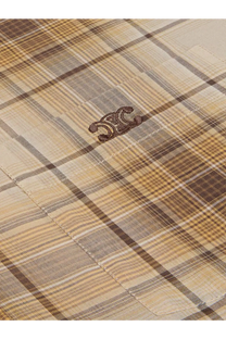 Beige and brown plaid cotton celine men’s checked shirt with small embroidered logo on fabric