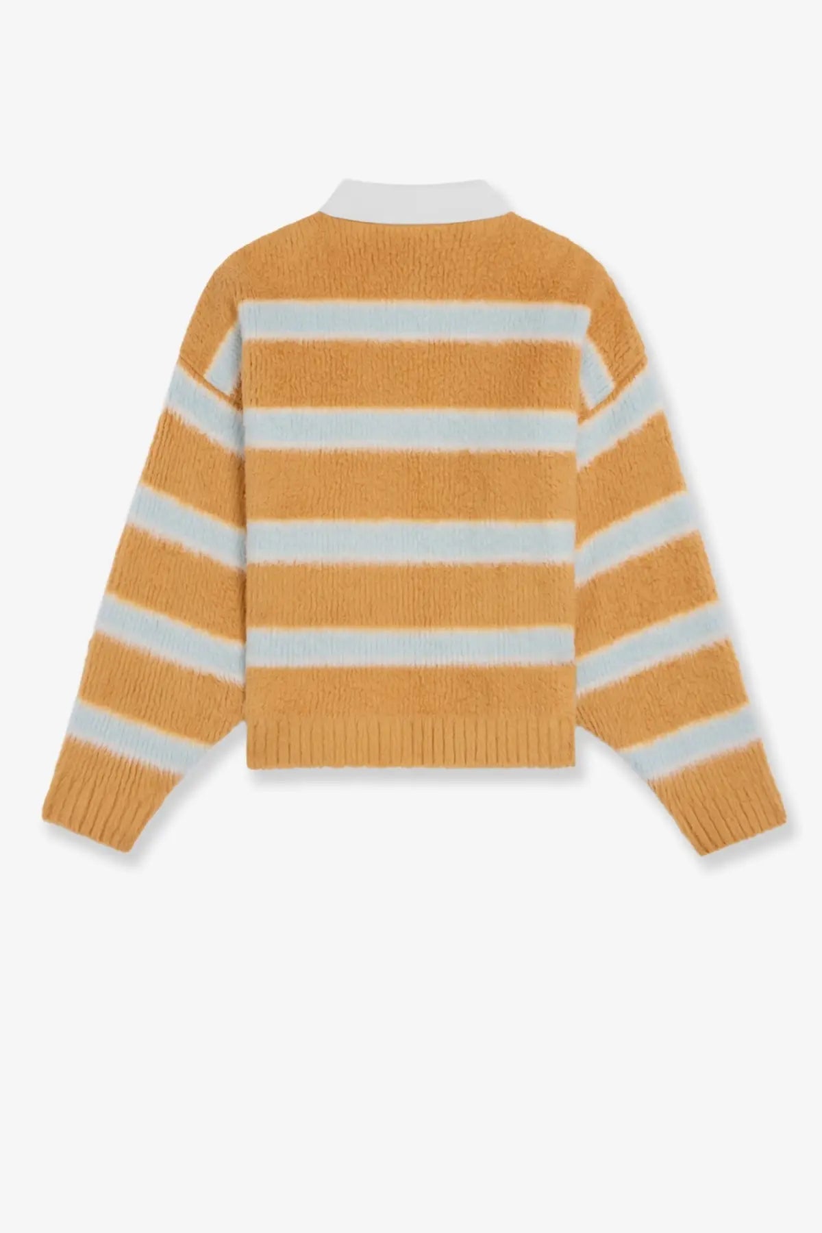 Celine men’s cotton blend polo shirt in mustard yellow with light blue knit stripes and ribbed crew neck cuffs and hem