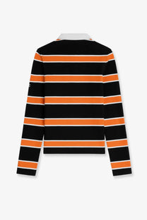 Celine men’s cotton polo shirt in black featuring a black and orange striped long-sleeved rugby design with white trim