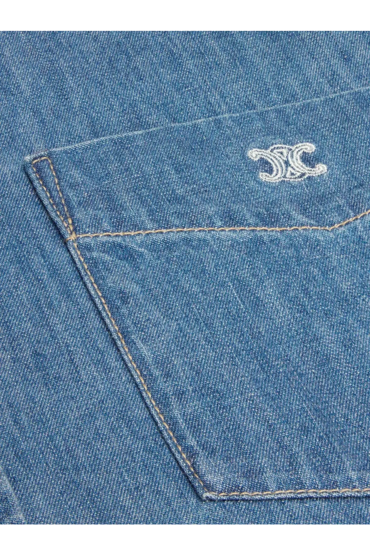 Blue denim pocket with white embroidered logo on celine men’s blue cotton shirt
