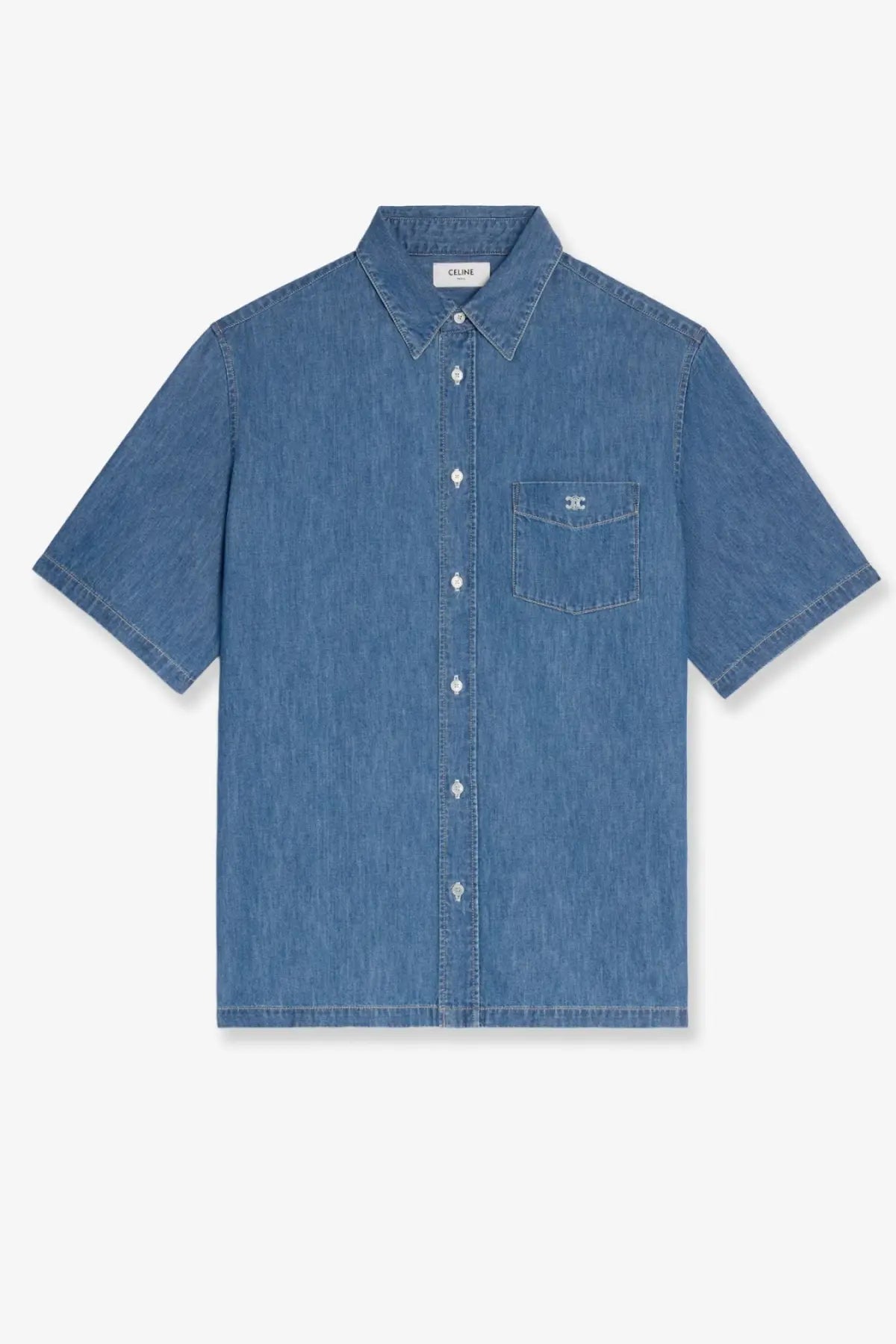 Celine men’s blue cotton denim short-sleeved button-up shirt with chest pocket featuring the Celine logo