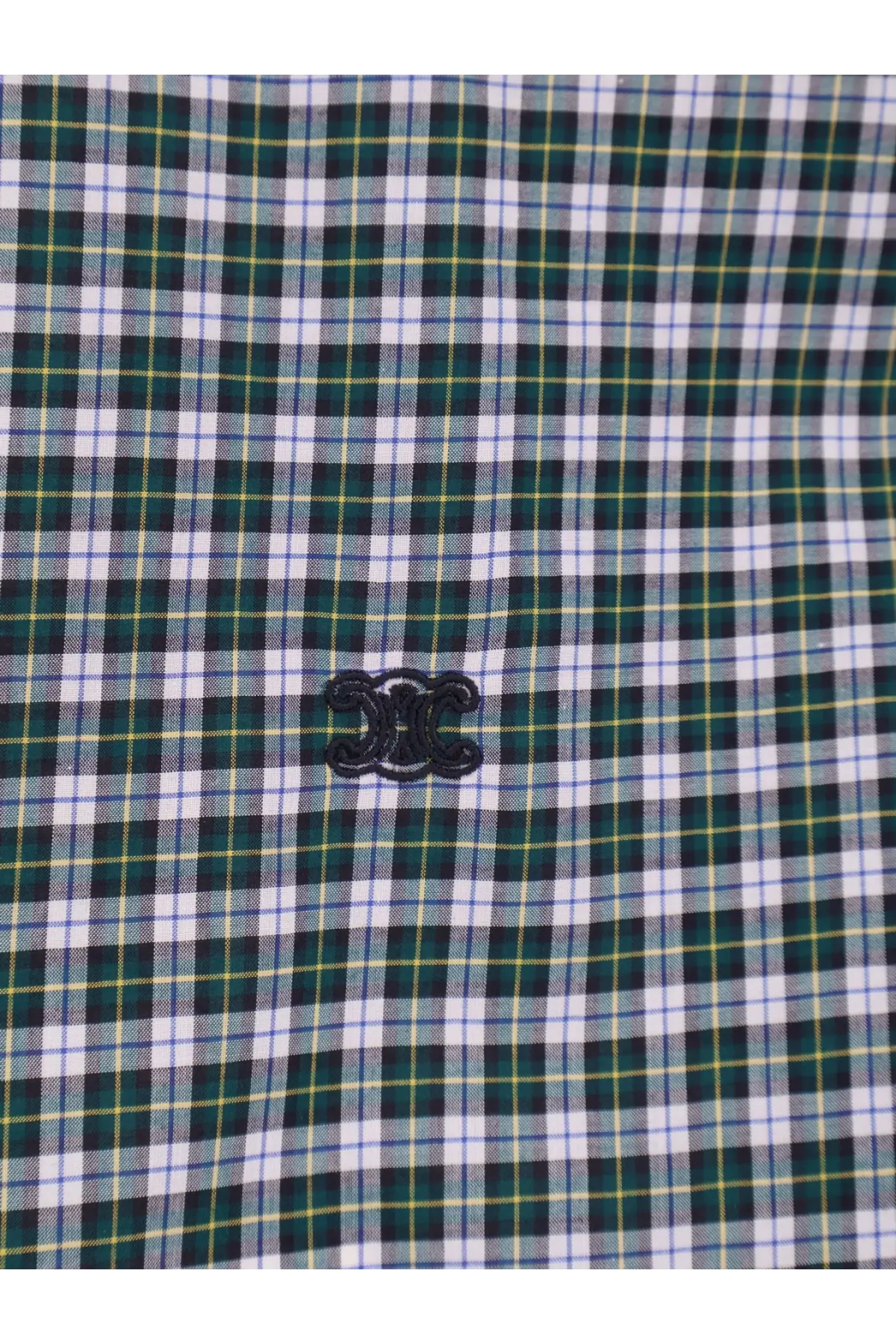 Celine men’s white cotton shirt with dark green white and yellow plaid and black embroidered logo on the chest