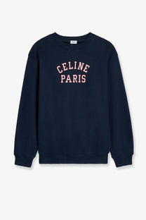 Navy blue celine paris men’s cotton sweatshirt with pink embroidered lettering for casual wear