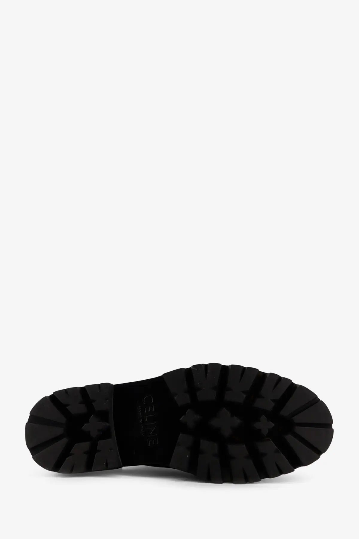Black rubber sole with deep rugged tread and embossed brand logo on Celine men’s derby Margaret leather lace up shoes