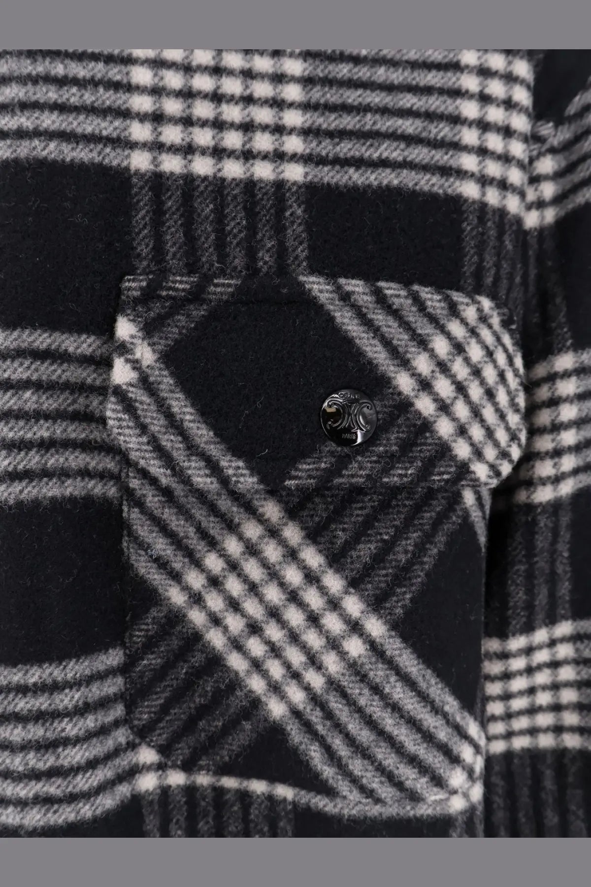 Celine men’s black quilted wool overshirt with black and white plaid flannel and decorative chest pocket button