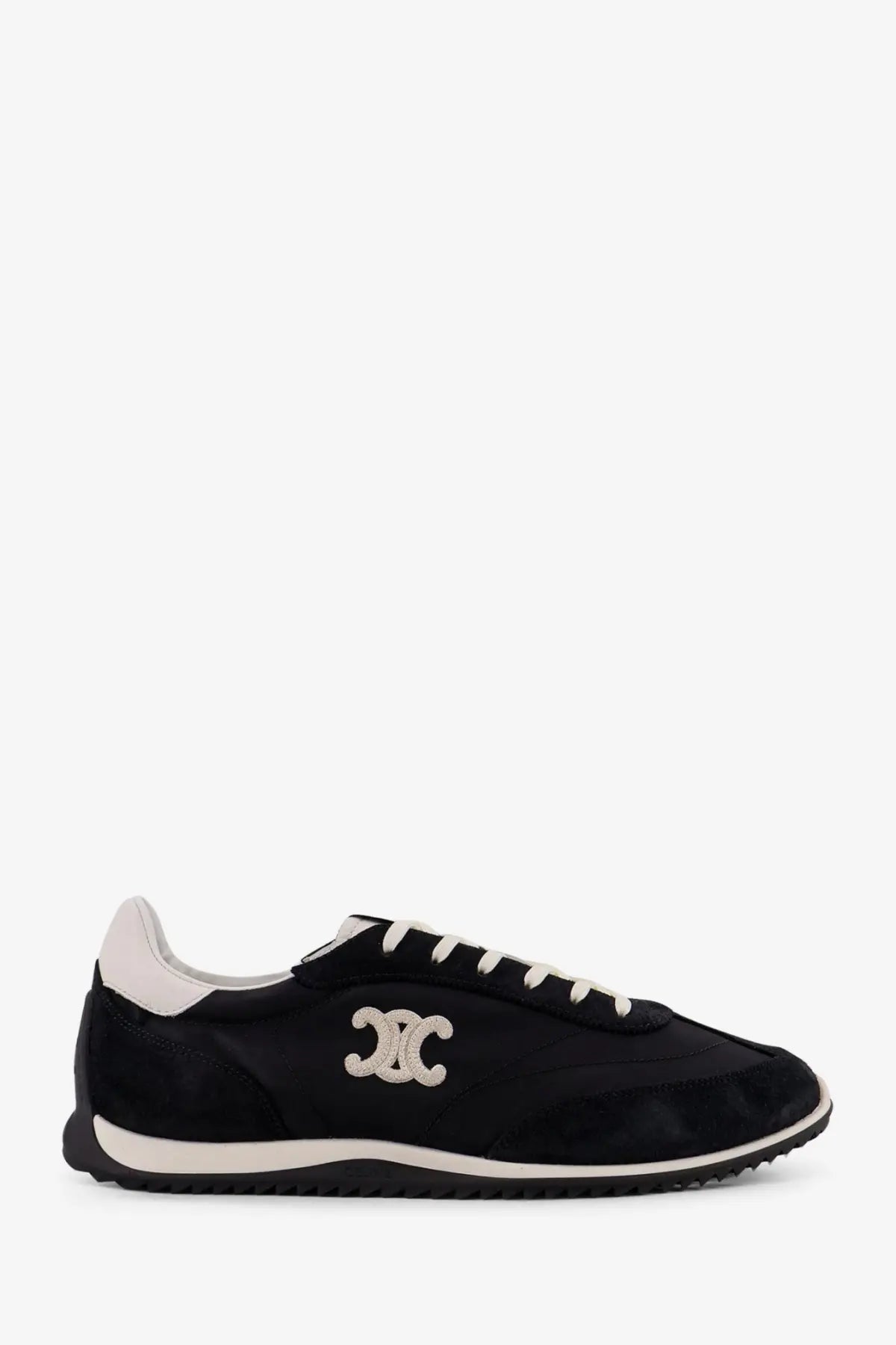 Celine men’s racer nylon sneakers in black suede with white embroidered logo, white laces, heel tab, and midsole