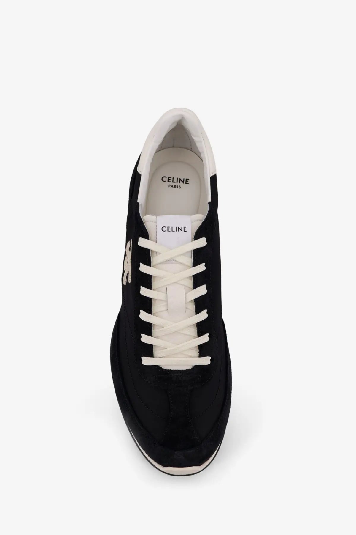 Black suede celine men’s racer sneaker with white laces and subtle embroidered logo on the side