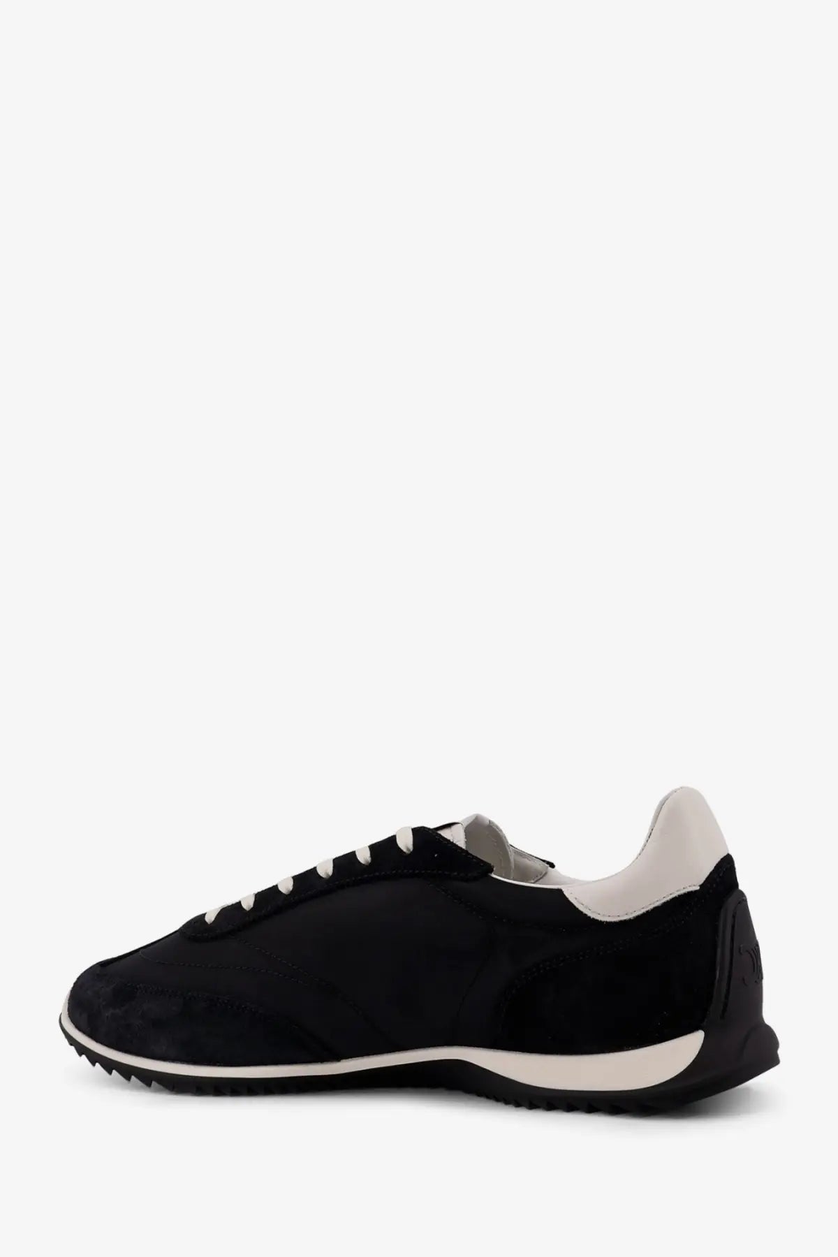 Celine men’s racer black suede sneakers with white laces cream heel and midsole stripe textured rubber outsole