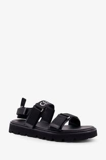 Celine men’s sandali in tela jacquard black with black canvas strap, chunky rubber sole, and silver logo detailing