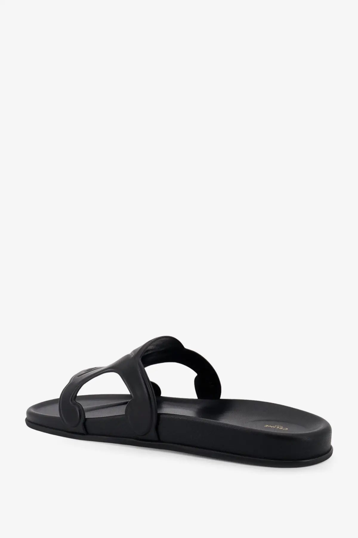 Celine men’s triomphe leather sandals black with black rubber slide design open-toe strap and contoured footbed