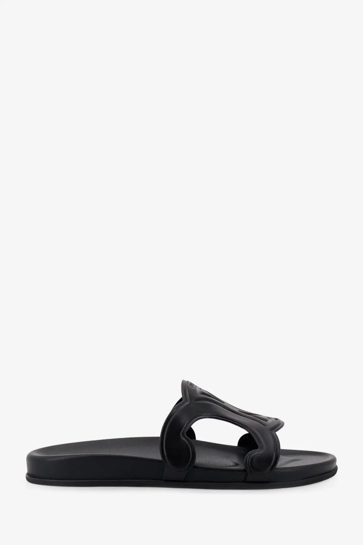 Celine men’s Triomphe leather sandals black slide with sleek minimalist design and glossy finish