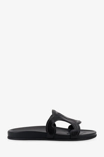 Celine men’s Triomphe leather sandals black slide with sleek minimalist design and glossy finish