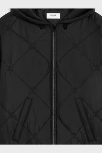 Black quilted celine men’s triomphe hooded jacket with diamond stitching and subtle embroidered logo pattern