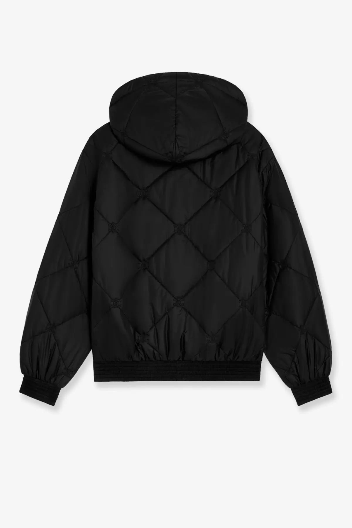 Celine men’s triomphe black quilted hooded jacket with diamond stitching and elastic cuffs
