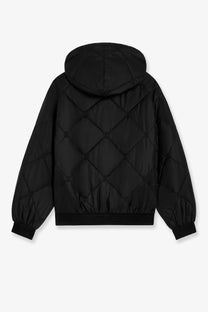 Celine men’s triomphe black quilted hooded jacket with diamond stitching and elastic cuffs