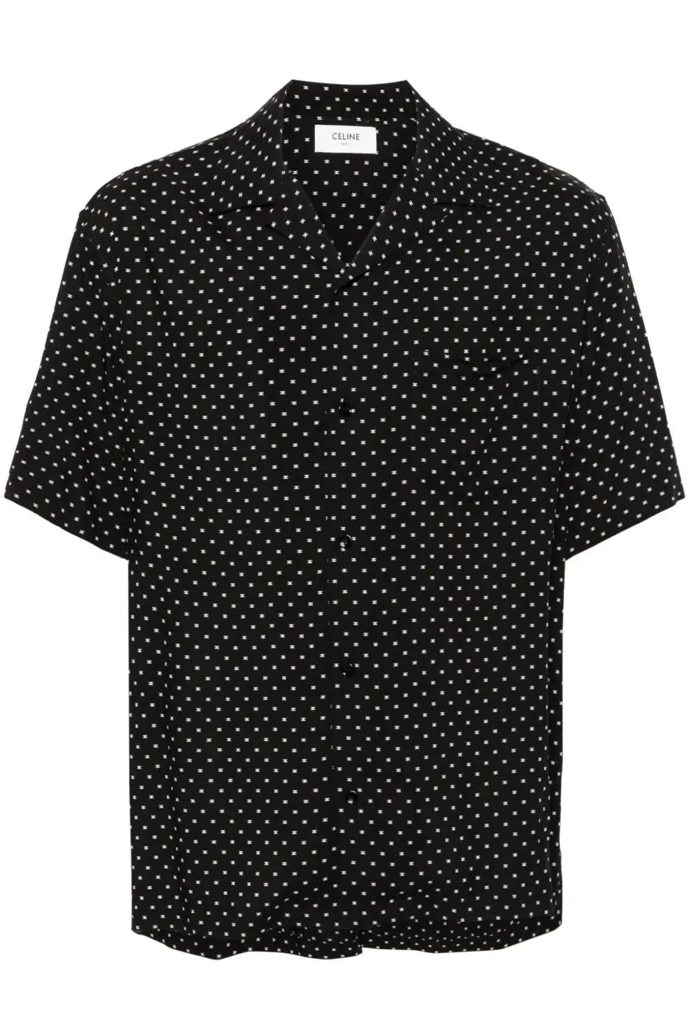 Black Celine men’s short-sleeved button-up shirt in viscose with subtle white polka dot pattern for casual wear