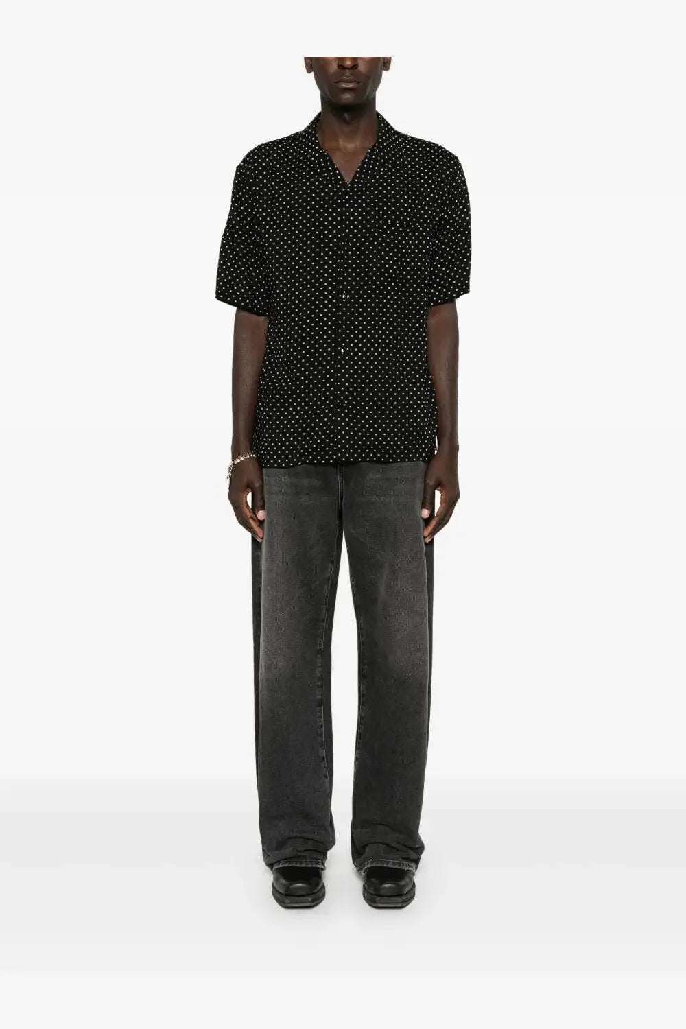 Celine men’s triomphe viscose shirt black short-sleeved button-up with white polka dots design